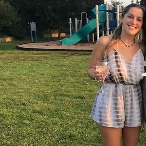 Grey and white deep neck and back romper